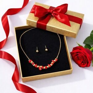 Jewelry Set Necklace Women Bohemian-Style Natural Stone and Gold Beads Set